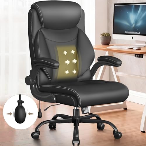Cyzena Ergonomic Office Chair, Home Desk Computer Chair, High Back Executive Chair- Padded Leather Comfy Chair with Adjustable Lumbar Support & Flip-Up Arms, Rocking Swivel Chair for Home Office,Black