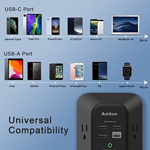 Addtam 서지 프로텍터, AC 5개 및 USB 포트 4개가 있는 콘센트 익스텐더, 블랙 — 사진 3