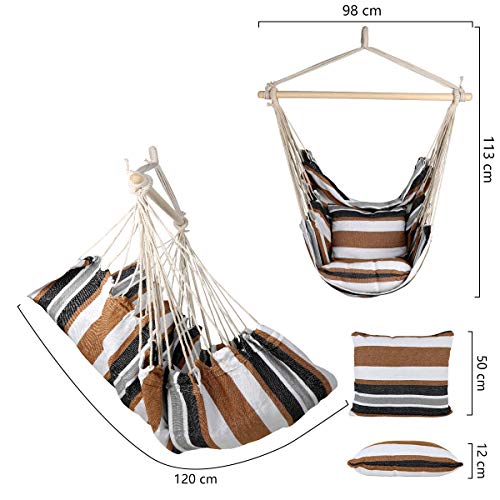 E EVERKING Hanging Rope Hammock Chair Swing Seat with Two Seat Cushions and Carrying Bag, Cotton Weave Porch Swing Chair for Indoor, Outdoor, Garden, Patio, Porch, Yard, Max 265 Lbs