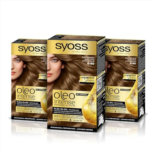 Syoss Oleo Intense - Tinte 6-80 Rubio Caramelo – Coloración permanente Sin Amoníaco – Cobertura profesional de canas – Resultados de peluquería (Pack De 3)
