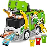 BASUN Large Friction Powered Garbage Truck Toy Set with Effect Sound, 2pcs Ejecting Race Cars, Includes Dumpster, Trash Bins, Birthday Gifts for Age 3 4 5 6 7 8 Year Old Boys Kids