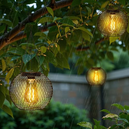 HOTEAGLE Solar Hanging Lights, Waterproof Outdoor Decorative Globe Lanterns with Vintage Edison Bulb, LED Retro Metal Mesh Pendant Light for Garden, Patio, Yard, Tree Decor (Black-2-Pack)
