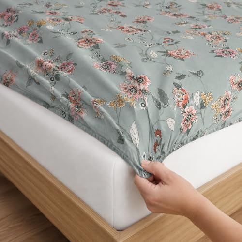 Image of la'amour 100% Cotton Elastic Fitted Bedsheets with 2 King Size Pillow Covers Double Bed with All Around Elastic Supersoft Size - 72 King Sizex78+10 inches Sage Green Floral 200 tc - 220 tc