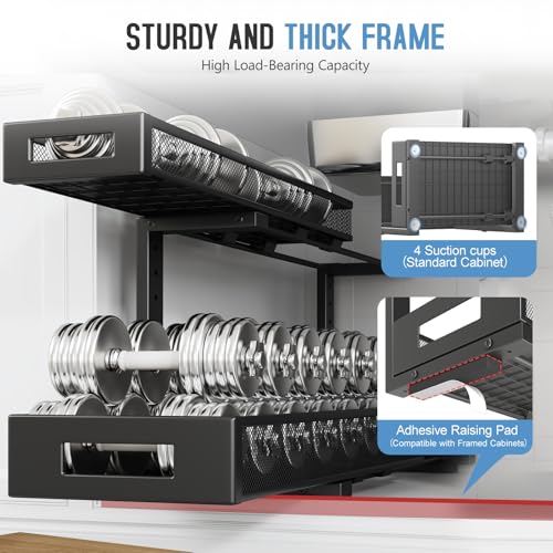 Image of 1 Pack 20.47IN Depth Under Sink Storage Organizer, Large 2-Tier Elegant Mesh Pull Out Shelf for Kitchen and Bathroom Cabinet Organization, L-Shaped and Adjustable Height Design-Black