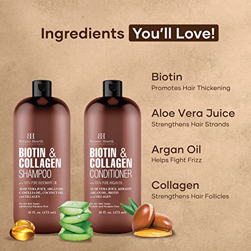 Botanic Hearth Vegan Collagen Biotin Shampoo And Conditioner Set - With Rosemary Oil For Hair Loss And Thinning Hair - Fights Hair Loss, Sulfate Free, For Men And Women, 16 Fl Oz Each #TOP1