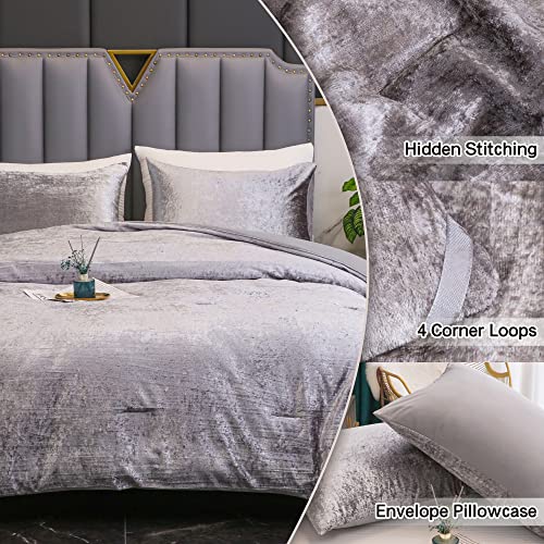 Yozen Silver Full Korean Velvet Comforter Set (79X90 Inch), 3 Pieces Luxury Textured Soft Comforter With 2 Pillowcases, Lightweight Microfiber Down Alternative Bedding Set For All Season #TOP6