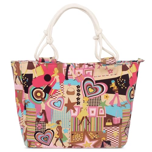 FORRICA Bolsos Mujer Lona Bolsa de Mano Moda Impresión Señora Bolsas de Hombro Viajes Casual Tote Bag Grande Bolso Shopper Flor D