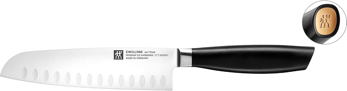 Zwilling All Star Hollow Edge Santoku Knife 7-inch, Razor-Sharp German Knife, Made in Company-Owned German Factory with Special Formula Steel perfected for almost 300 Years, Gold Matte End Cap