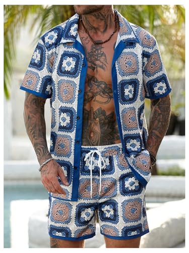 Men's Beach Vacation Clothes 2 Piece Summer Outfits Button Down Short Sleeve Crochet Top and Drawstring Shorts2