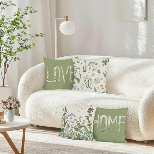 COZZSNUGE Garten Blumen Kissenbezüge 45 x 45 cm, Grüne Pflanzen Wildblumen Bauernhaus Polyester Dekorative Kissenhülle Zierkissenbezüge für Sofa Zuhause Garten Outdoor 4er Set