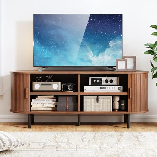TV Stand with Power Outlet, Mid-Century Modern Television Stand, Media Console with Sliding Doors, Entertainment Center for TVs up to 60 Inch, Adjustable Shelves, Walnut - Thumbnail 5