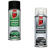 Inhalt: 1x KWASNY 233 055 AUTO-K BASIC Kunststoff-Haftvermittler Transparent 400ml, 1x KWASNY 233 097 AUTO-K SPECIAL Kunststoff-Lackspray Schwarz 400ml