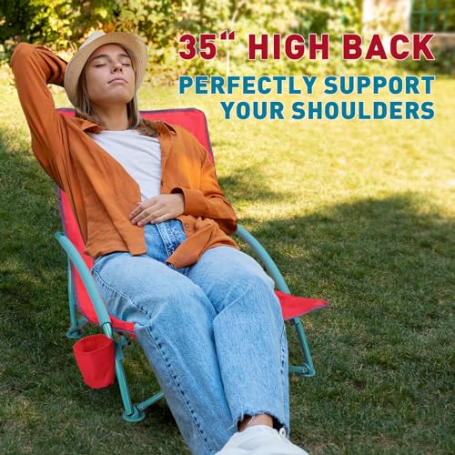 Northroad 2 Pack Low Folding Beach Chair,Portable Lightweight Lowback Sling Chair, Outdoor Low Seat Camping Chair w/Cup Holder & Carry Bag for Sand Camping Lawn Picnic Festival,Pink by Northroad - Used condition - Image 5