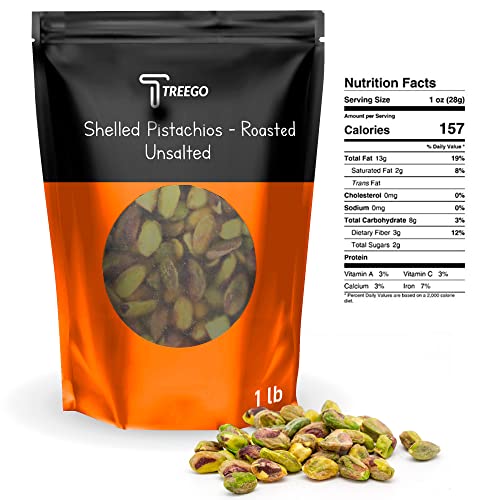 Roasted, Unsalted Pistachios No Shell - 1Lb Bag By Treego, Fresh & Tasty California Grown Kernels- Natural & Healthy Pistachio Nut Snack Containing Fiber, Protein, Vitamins, Antioxidants For Keto, Vegan, Plant-Based Diet, Kosher #TOP4