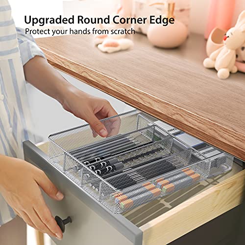 Pipishell Mesh Cutlery Tray 5 Compartments Silverware Drawer Organizer Kitchen Utensils Flatware Storage Drawer Dividers Holder With No-Slip Foam Feet For Knives Fork Spoon And Office Supplies #TOP5