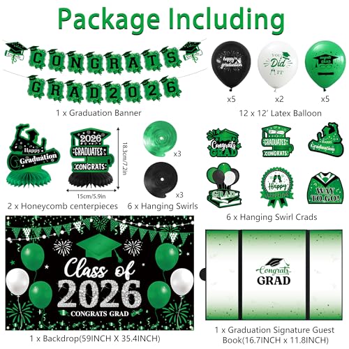 Image of Vlipoeasn Green 2026 Graduation Party Decorations 2026 College /High School Graduation Decorations Party Supplies, Black and Green Class of 2026 Congrats Grad Backdrop Banner Signature Book