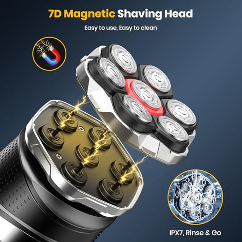 Image of 7D Head Shaver with a Travel Case, 2026 Upgraded Magnetic Head Shavers for Bald Men, IPX7 Waterproof Wet /Dry Electric Razor Men, Rechargeable Shavers for Scalp /Face /Beard /Body (Black)