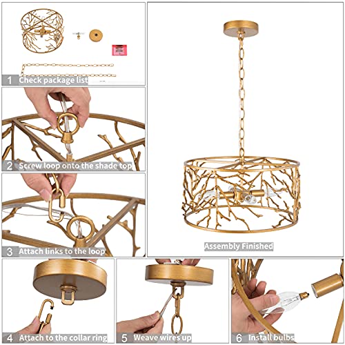 Durent Lighting Antique Copper Drum Chandelier, 4-Light Vintage Round Pendant Light Fixture, Dia 15.5” Ceiling Hanging Light With Adjustable Chain For Dining & Living Room, Bedroom, Foyer, Kitchen #TOP6