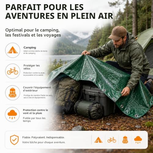 Bâche verte 2x2 m 200g/m² imperméable avec œillets pour extérieur