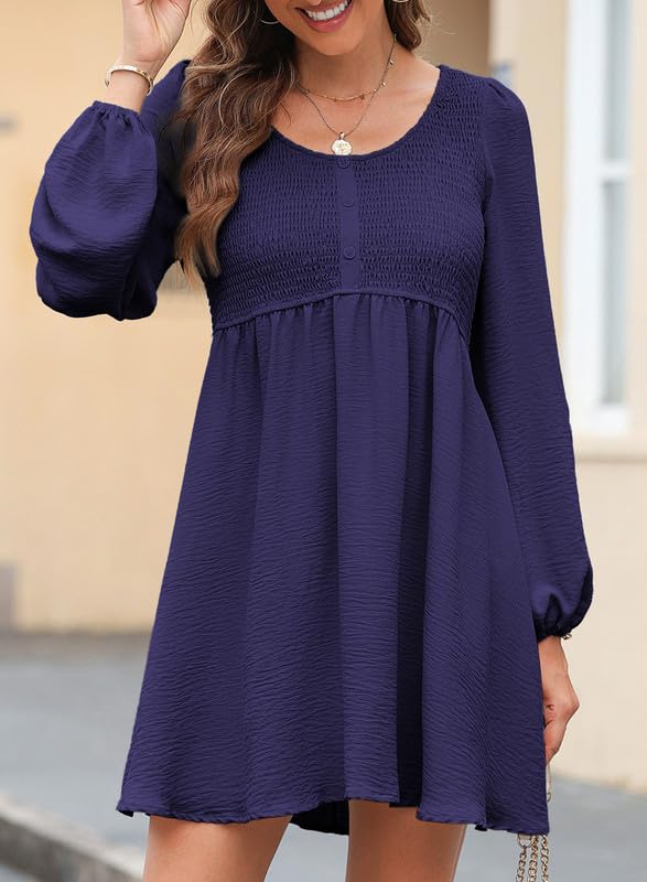 Image of Dokotoo Fall Dresses for Women 2026 Casual Long Sleeve Mini Dress | Smocked Crewneck, Button Up, Empire Waist, A-Line Hem, Solid Color, Floral Pattern