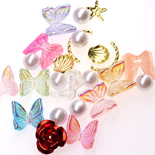 3D Nail Stud Butterfly Rose Nail Charms Aurora Colorful Nail Art Glitter With Rhinestone Artificial Pearl Nail Stickers For Women Girls Diy Craft Jewel Flower (Red) #TOP4