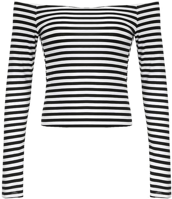 Pooyikoi Women's Off Shoulder Tops, One Shoulder Shirts, Striped Long Sleeve Shirt Women Sexy Slim Fit Tees Streetwear - Image 5