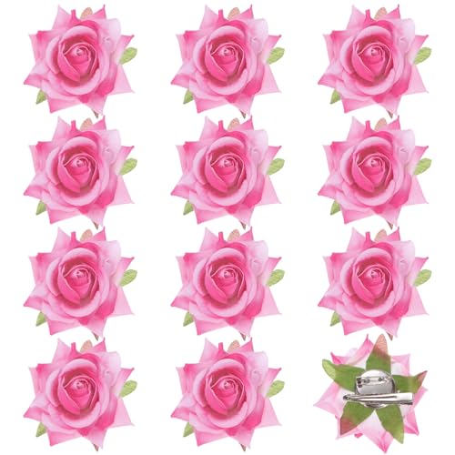 M METERXITY 12-Pack Rose Hair Clips, 2.56 Inch Flower Hairpin Cloth Floral Brooch for Bridal Wedding/Party/Women Hair Accessories, Hair Flowers Headpiece Floral Hair Pins [6.5cm, Light Pink]