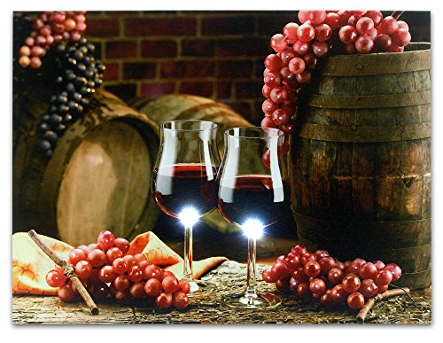 BANBERRY DESIGNS Grape Kitchen Decor - Wall Art with LED Lights - Canvas Print - 2 Wine Glasses with Grapes and Barrels Picture - Wine Barrels