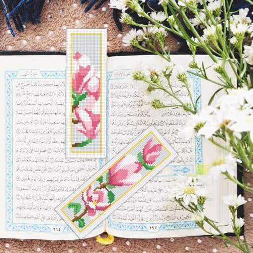 Image of BEUNITONE 6 Pcs Flower Cross Stitch Bookmark Kits for Beginners Magnolia DIY Stamped Cross Stitch Kit Vintage Floral Embroidery Kit with Instruction for Craft Book Lover Reader Writer 8''x2.4''