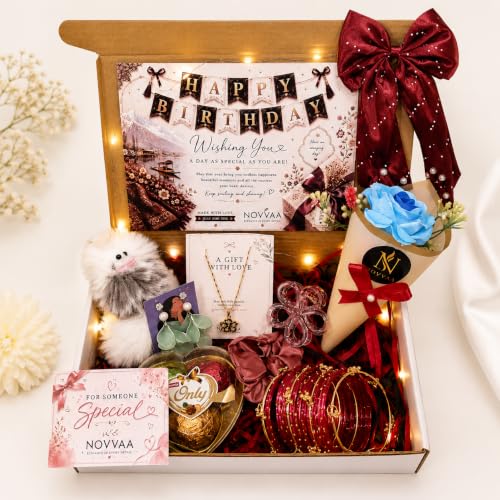 Image of NOVVAA Luxury Birthday Gift Hamper for Women & Girls | Rose Bouquet, Jewellery Set, Bangles, Hair Accessories, Teddy Keychain & Chocolate | Personalized Birthday Gift Box