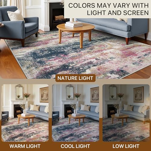 Image of BEIMO Area Rugs 8x10 for Living Room Bedroom, Modern Abstract Machine Washable Rug, Large Soft Low Pile Floor Carpet with Non Slip Backing for Dining Room, Navy /Pink