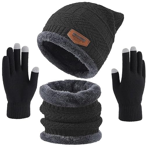 Winter Warm Woolen Cap, Neck Warmer Scarf with Leather Gloves Set| Beanie Style Warm Winter Neck Scarf, Gloves and caps Combo of Hand Gloves (Black)-image-26