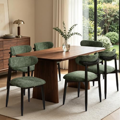 CHUN YI Dining Chairs Set of 6, Upholstered Wooden Dining Room Chairs, Mid Century Modern Fabric Kitchen Chairs with Ergonomic Curved Back, Green (Only Chairs)