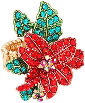 JYJ Christmas Ring for Women,Statement Crystal Christmas Jewelry for Women Xmas Poinsettia Flower Santa Tree Finger Ring Thanksgiving Party Accessories Gift (Poinsettai Flower, #7)