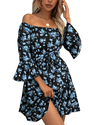 Image of Off Shoulder Ruffle Dress for Women, A-Line Mini Dress with Belt, Fitted Bust Summer Wedding Guest Dress