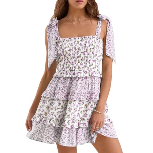 Image of Women Y2K Tie Shoulder Mini Dress Bow Babydoll Ruffle Short Dress Summer Boho Floral Flowy Beach Sundress