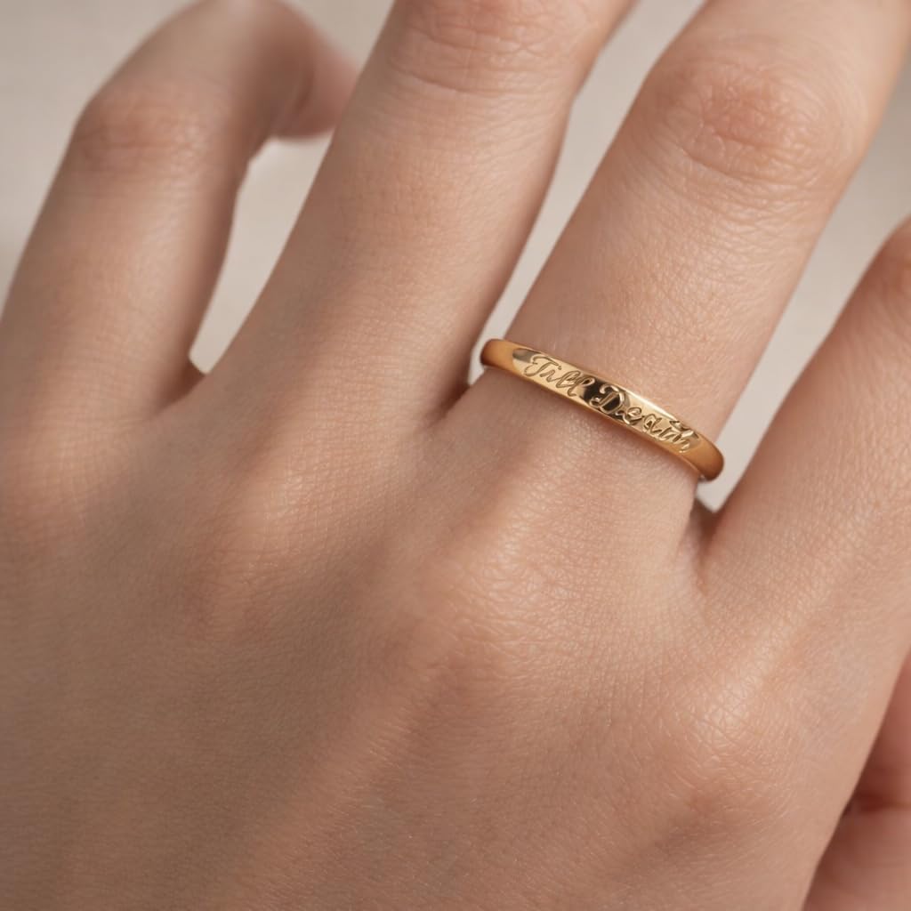 Till Death Engraved Gold Band for Men & Women 14K Yellow Gold Minimal Engagement Promise Band Plain Band Wedding Jewelry Valentine Gift for couple