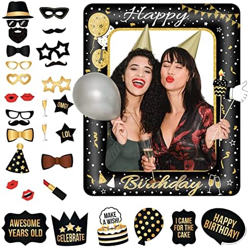 50th Birthday Decorations Ladies Men,Black Gold Inflatable Selfie Frame&34Pcs 50th Birthday Photo Booth Props,Giant Inflatable Party Photo Booth Frame for Ladies Men 50th Birthday Party Decorations