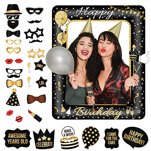 Birthday Decorations Girls Boys Men Women,Black Gold Inflatable Selfie Frame&25Pcs Birthday Photo Booth Props,Giant Inflatable Party Photo Booth Frame for Girls Boys Men Women Birthday Party Décor