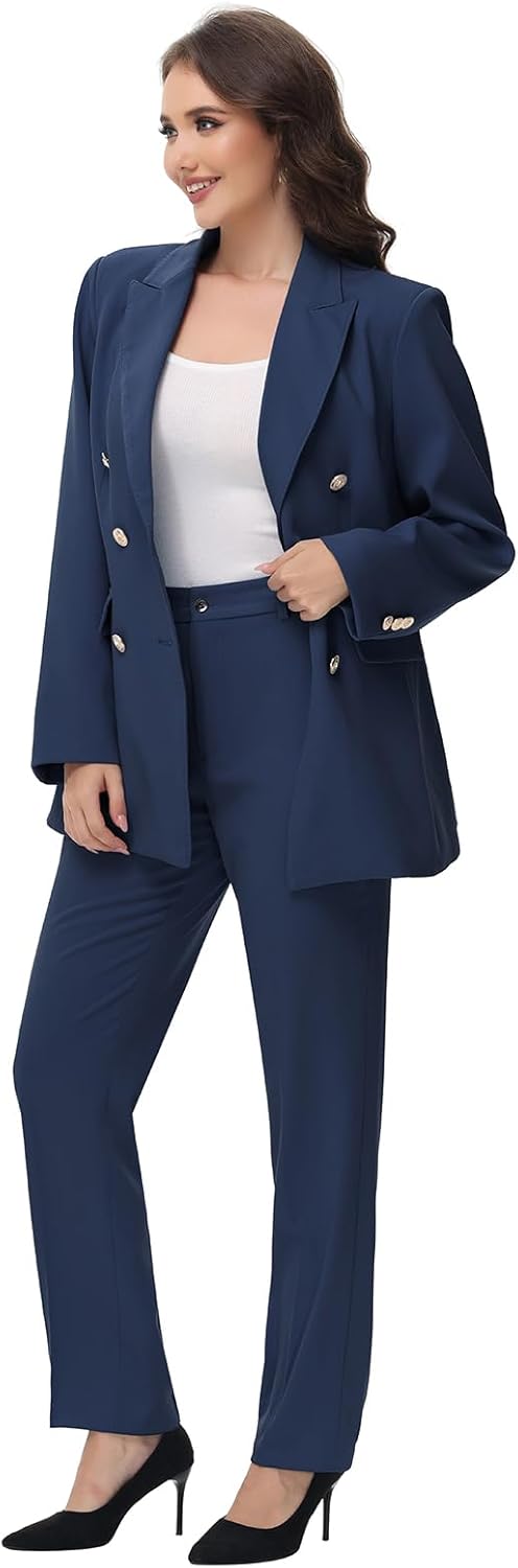 Lamgool Women Pants Suit Double Breasted 2 Piece Blazer Set Work Casual Jacket Outfits for Business - Image 3