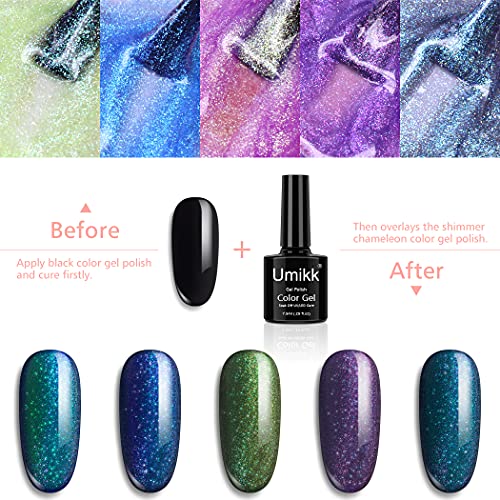 Umikk Gel Nagellack Set 5 Chamäleon Schimmerfarben und Schwarz 7,5 ml UV-LED-Heilung für Nagelkunst-Maniküre-Pediküre… – Bild 2
