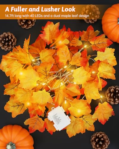 Luditek 8 Lighting Modes & Timer Fall Decorations for Home Maple Leaf Garland with Lights 40LED Battery Operated Waterproof String Lights, Thanksgiving Halloween Fall Decor Indoor Outdoor Autumn