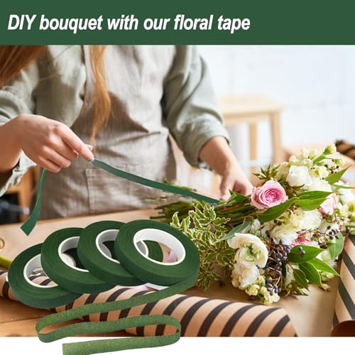 Xioyidun 12 Rolls Floral Tape, 1/2\" Wide Flower Tape Stretchable Self-Adhesive, Tearable, Non-Fading Green Floral Tape for Bouquets, Wedding Arrangements, and Crafts (30 Yards/Rolls)