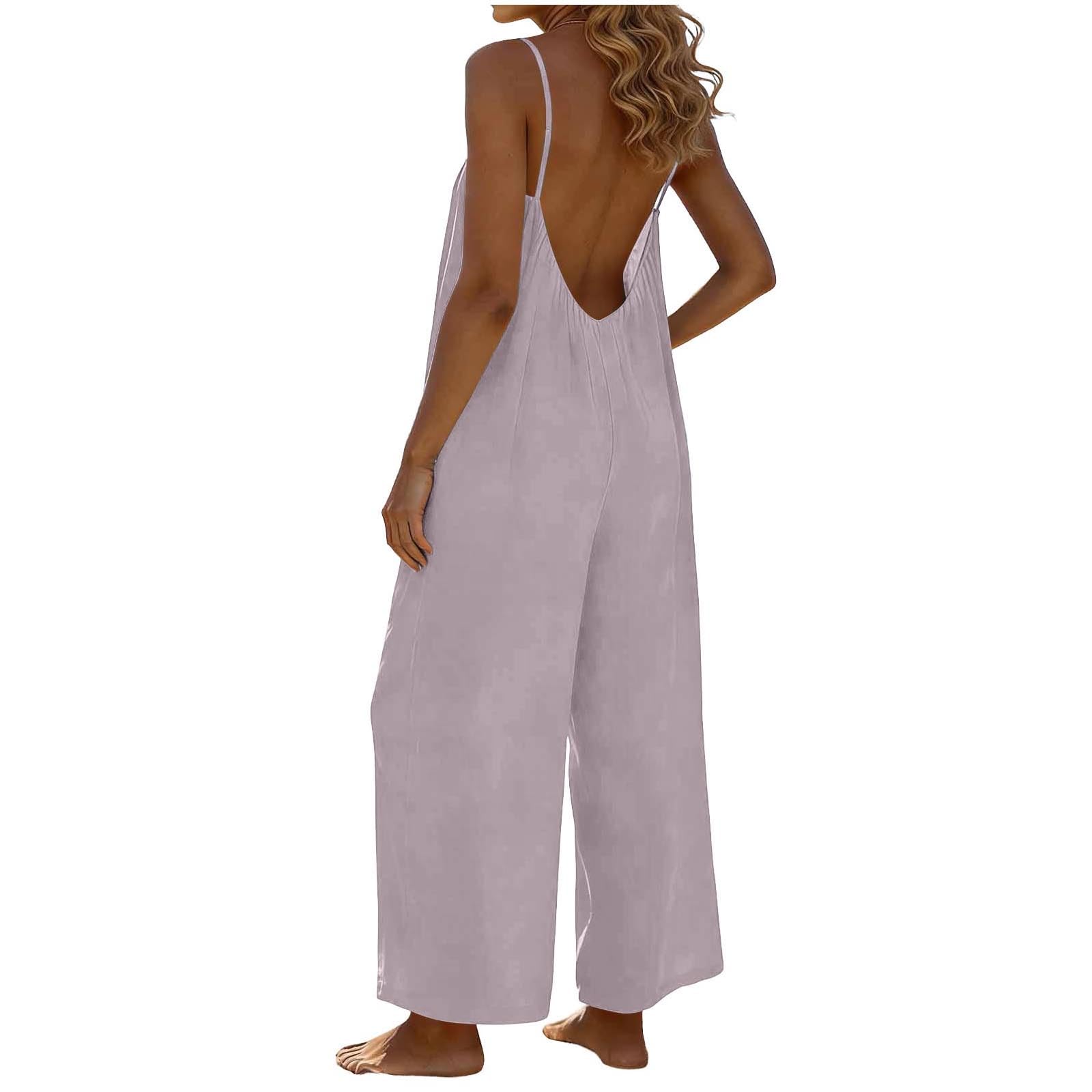 RLEHJN Jumpsuit Damen Sommer,Ärmellos Overall Lang Casual Hosenanzug Sexy V-Ausschnitt Spaghettiträger Romper Loose Fit Playsuit Elegant Einteiler Weites Bein Latzhose Freizeithose mit Taschen
