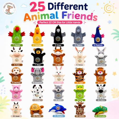 Image of Pack of 25 Animal Hand Puppets for Kids, Soft Plush Puppet Set, Educational Storytelling Toys, Role Play Learning Toys, Preschool Classroom Teaching Aids, Birthday Gift for Boy & Girls