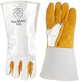 John Tillman Large Silver and Brown Leather and Aluminized Carbon Dupont Kevlar Wool Lined Welding G