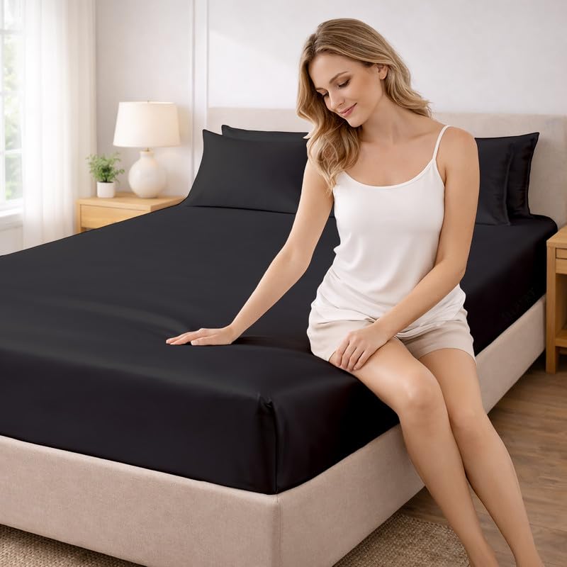 Image of Filbert - Premium Satin Fitted Bedsheet Single Bed (36x75 Inch) with 1 Pillow Cover | Hypoallergenic Breathable | Hair and Skin Friendly, Women Gift Choice|Midnight Black