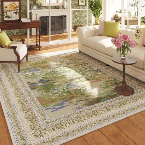 Rugcomf 5x7 Impressionist Washable Area Rug, Non-Slip, Beige