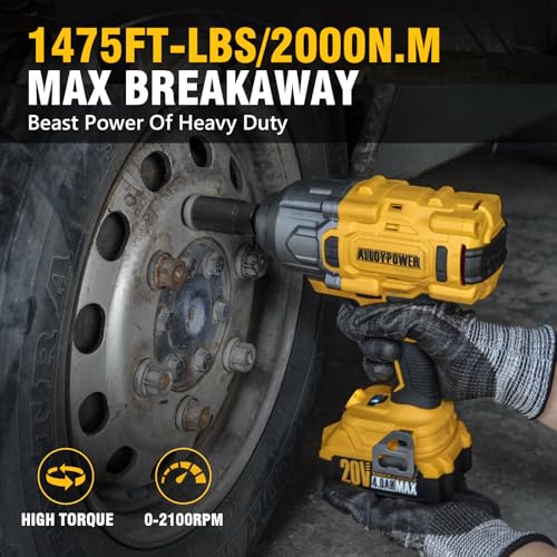 ALLOYPOWER Cordless Brushless Impact Wrench, 1475 ft-lbs (2000N.m), 1/2 High Torque power impact gun, 3-Mode Speed, 2*4000mAh Battery, 3 Sockets, Electric Impact Wrench Set for Car Tire Truck RV Mower