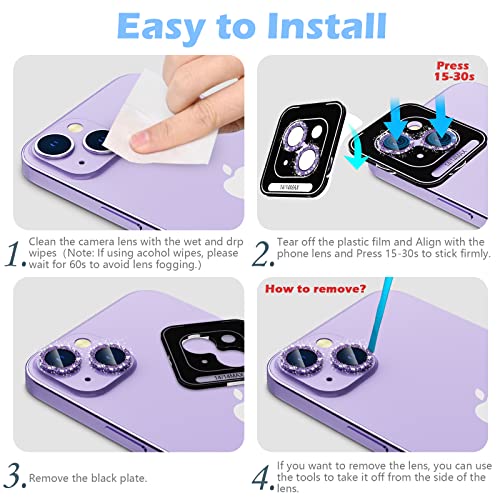 imluckies Caméra Arrière Protecteur Compatible avec iPhone 14/iPhone 14 Plus, Protection en Verre Trempé 9H, Bords en Alliage d'Aluminium de Qualité Supérieure, Anneau Pailleté Individuel, Violet – vue 3